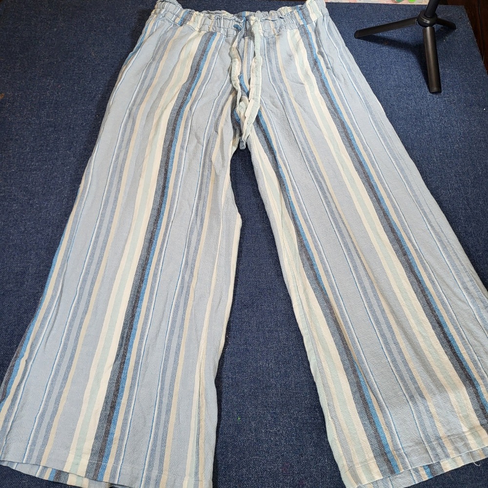 Vanilla Star Blue Striped Linen Blend Wide Leg Pants Large Comfort Casual